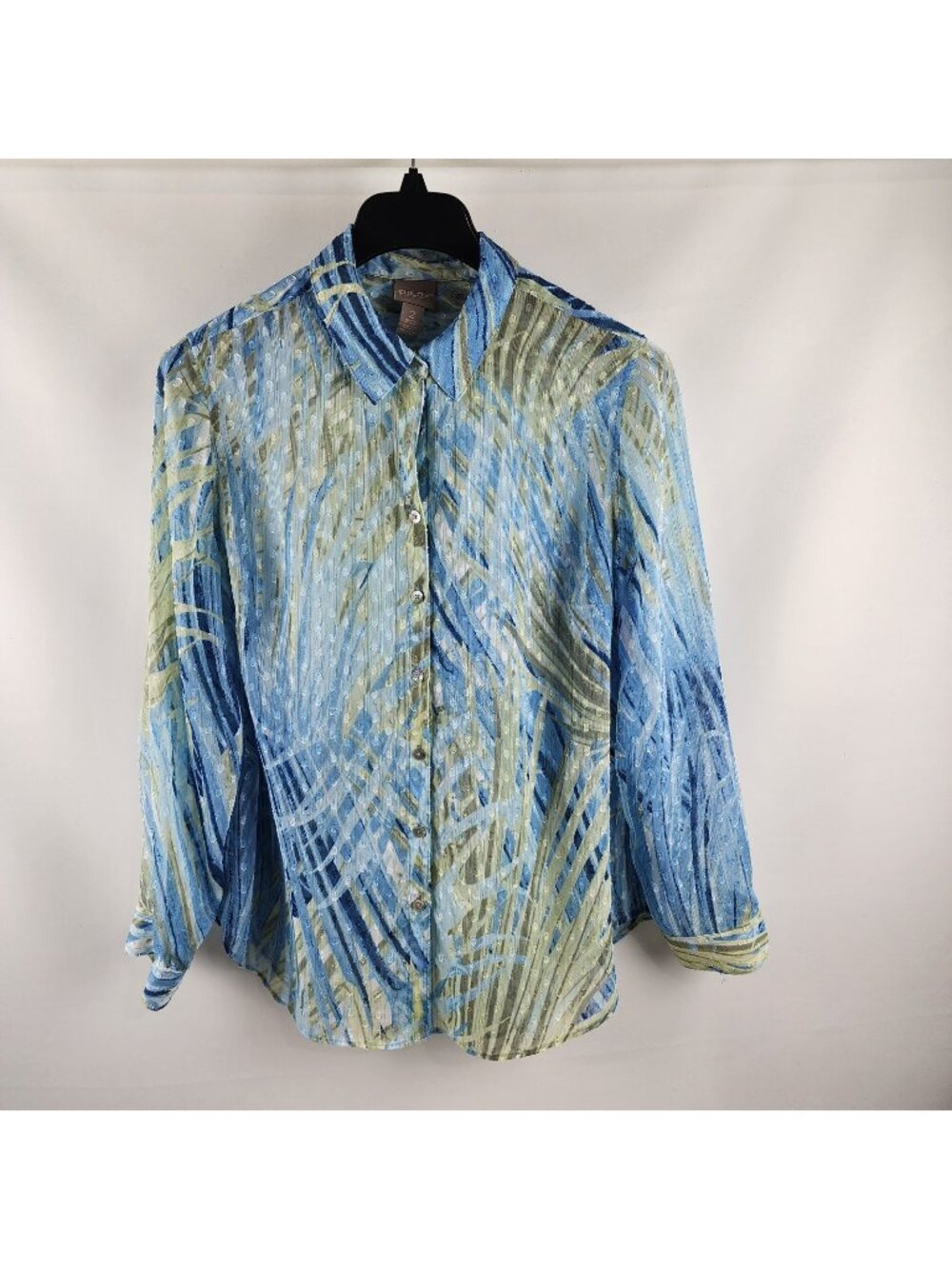 Chicos Shirt Women Size 2 Large Blue Multi Sheer "Breezy Meadows" L/S Button Up